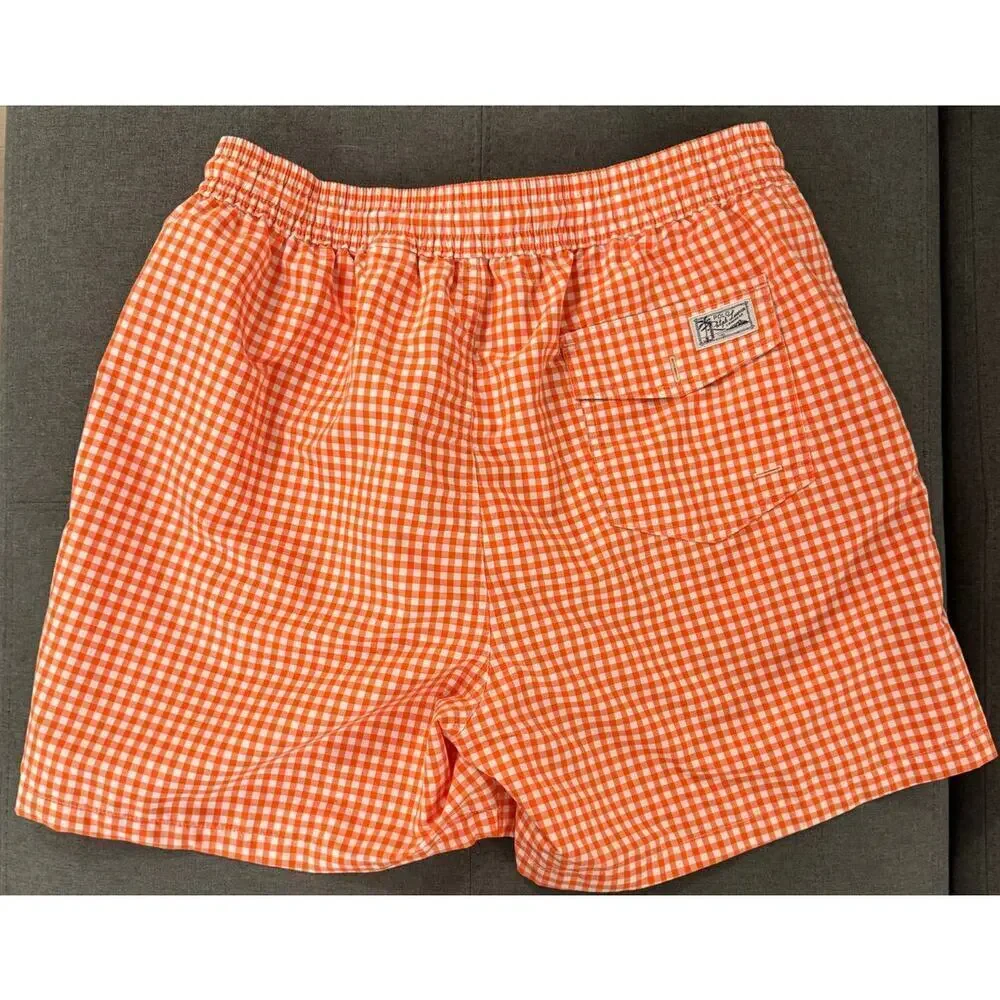 Polo Ralph Lauren Orange White Gingham Traveler Swim Trunks Men’s Size XL